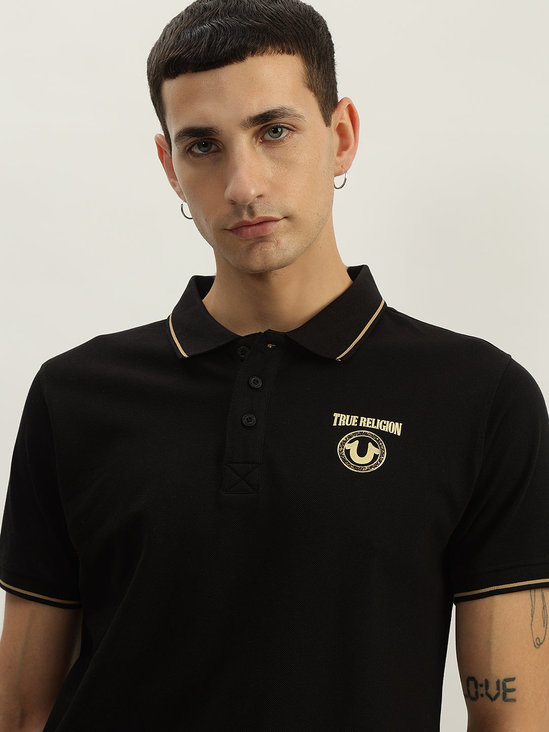 True Religion Men Black Solid Polo Collar Short Sleeves Polo T-Shirt