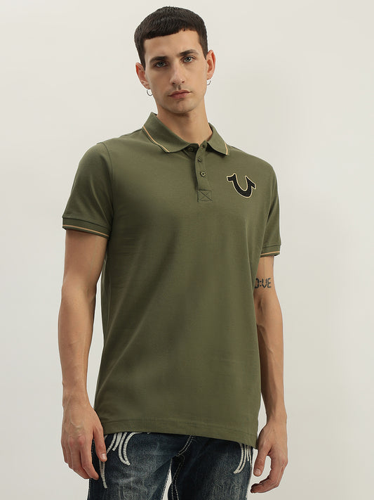 True Religion Men Green Solid Polo Collar Short Sleeves Polo T-Shirt