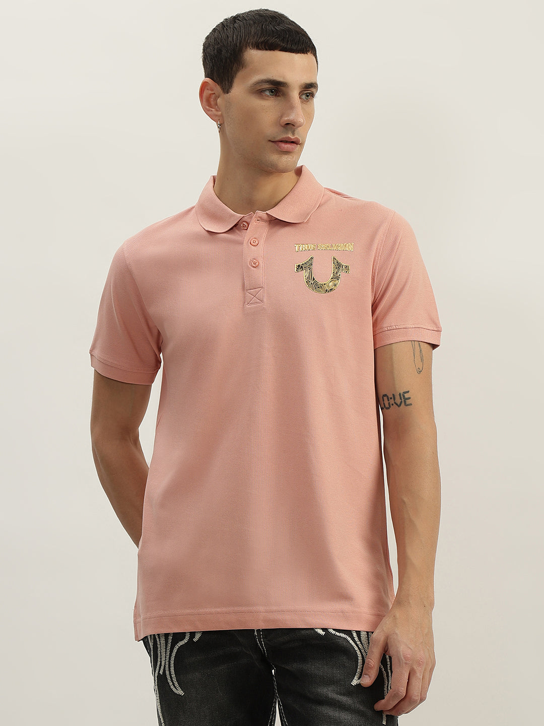 True Religion Men Pink Solid Polo Collar Short Sleeves Polo T-Shirt