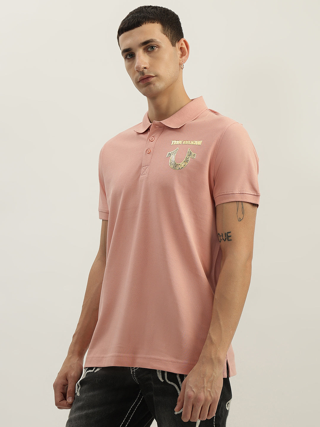 True Religion Men Pink Solid Polo Collar Short Sleeves Polo T-Shirt