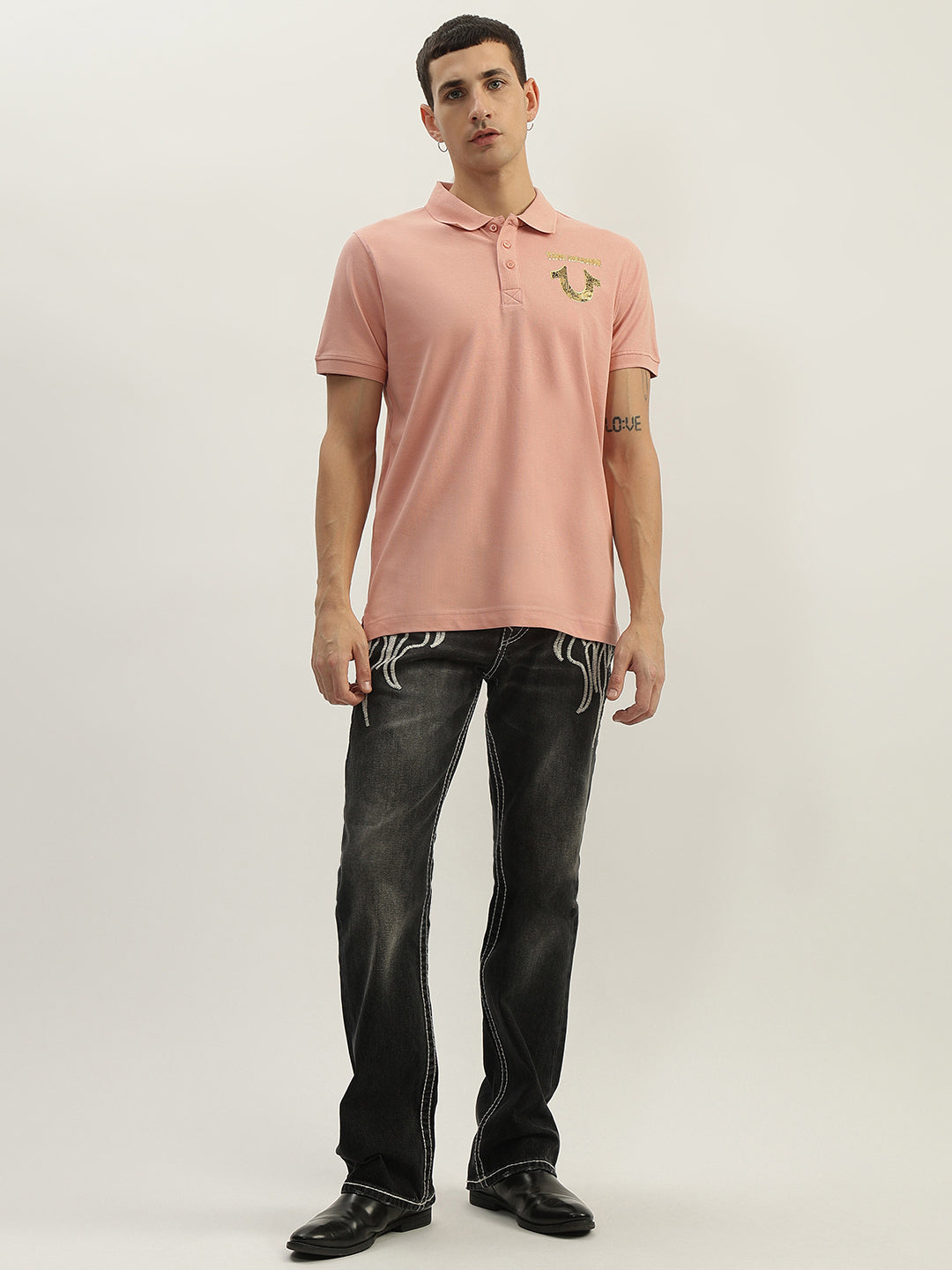 True Religion Men Pink Solid Polo Collar Short Sleeves Polo T-Shirt