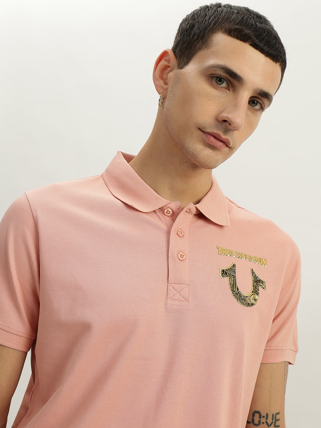 True Religion Men Pink Solid Polo Collar Short Sleeves Polo T-Shirt