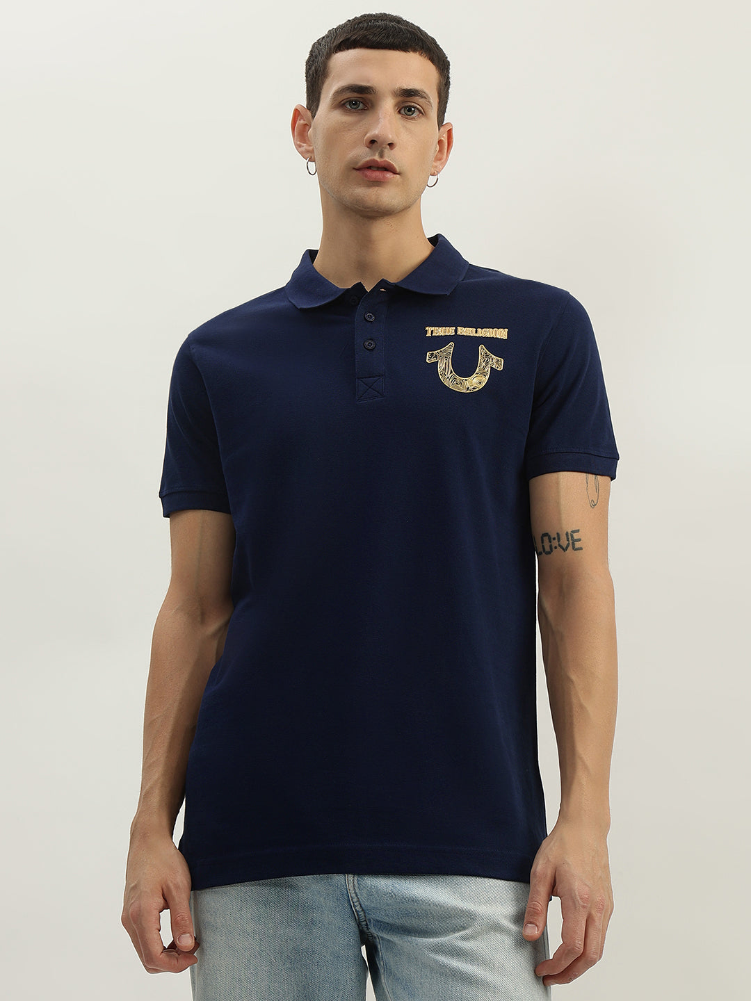 True Religion Men Blue Solid Polo Collar Short Sleeves Polo T-Shirt