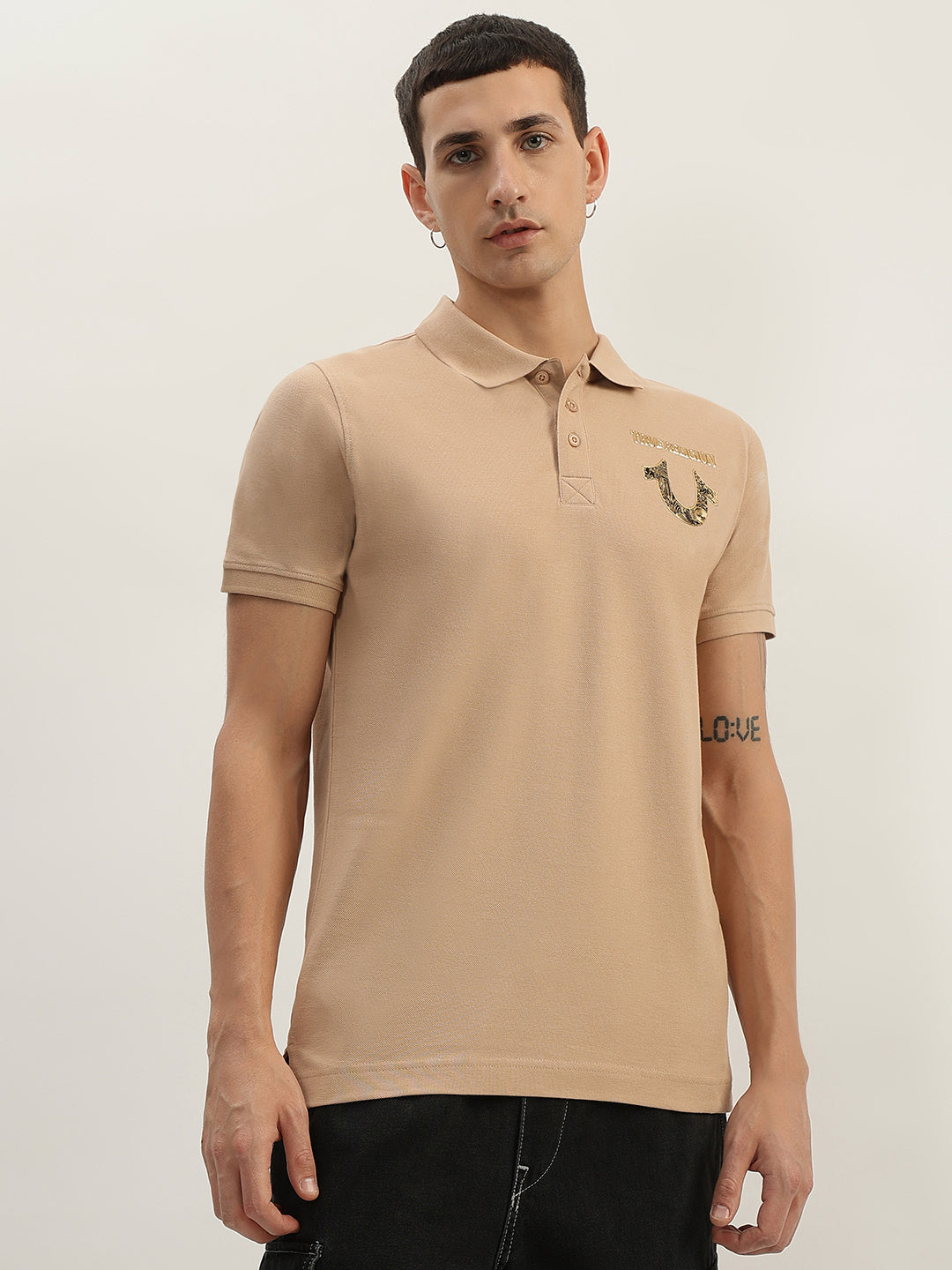 True Religion Men Beige Solid Polo Collar Short Sleeves Polo T-Shirt