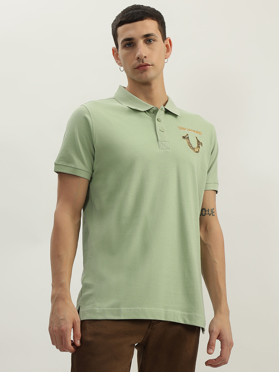 True Religion Men Green Solid Polo Collar Short Sleeves Polo T-Shirt