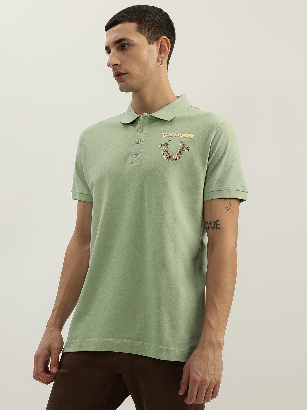 True Religion Men Green Solid Polo Collar Short Sleeves Polo T-Shirt