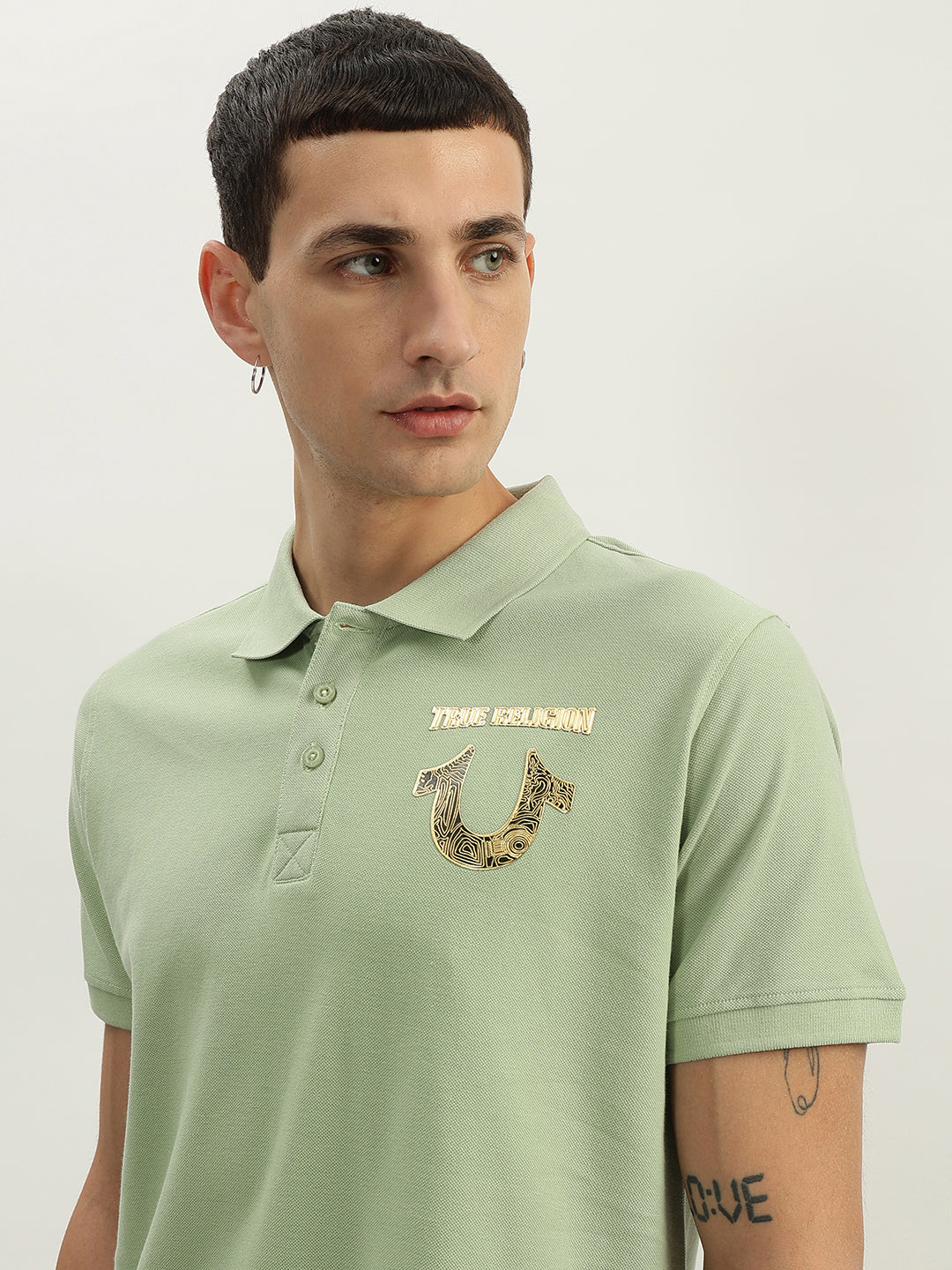 True Religion Men Green Solid Polo Collar Short Sleeves Polo T-Shirt