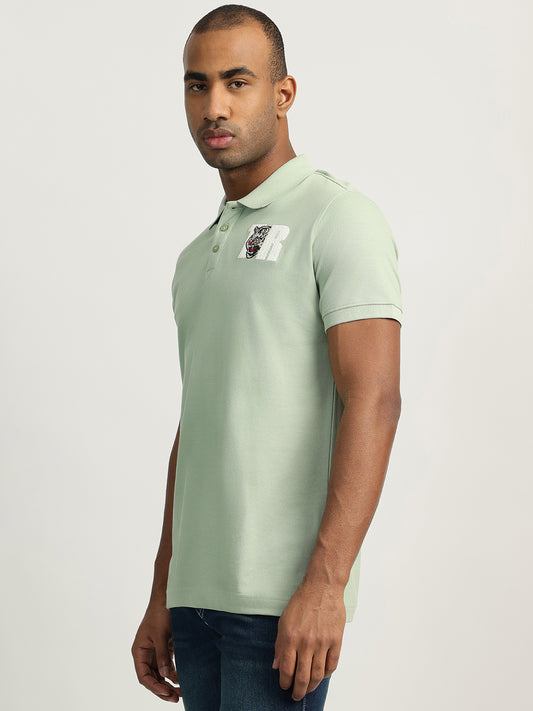 True Religion Men Green Solid Collared Short Sleeves Polo T-Shirt