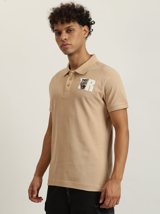 True Religion Men Beige Solid Collared Short Sleeves Polo T-Shirt