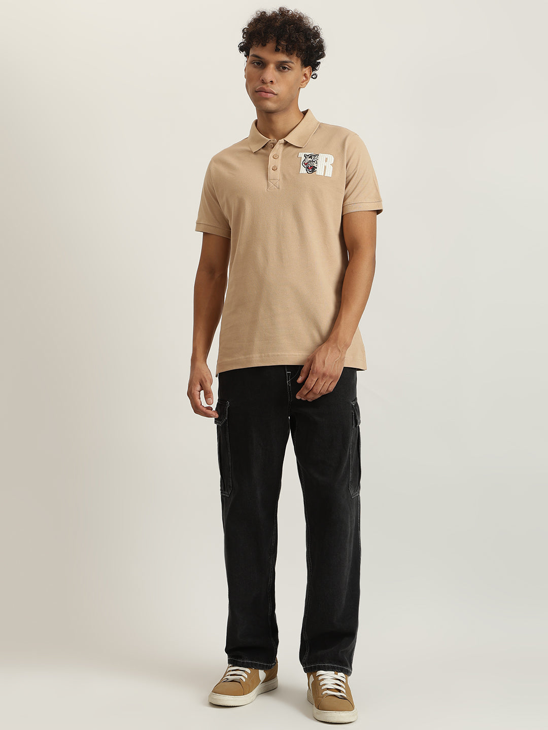 True Religion Men Beige Solid Collared Short Sleeves Polo T-Shirt