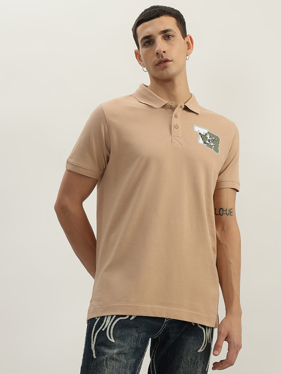 True Religion Men Beige Solid Polo Collar Short Sleeves Polo T-Shirt