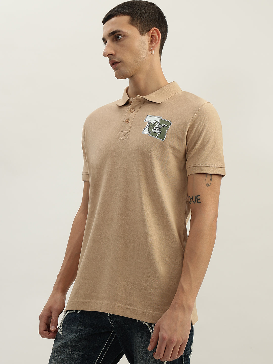 True Religion Men Beige Solid Polo Collar Short Sleeves Polo T-Shirt