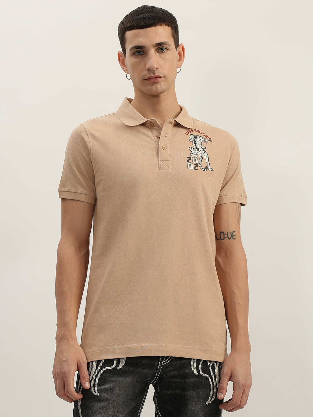 True Religion Men Beige Solid Polo Collar Short Sleeves Polo T-Shirt