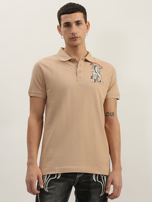 True Religion Men Beige Solid Polo Collar Short Sleeves Polo T-Shirt