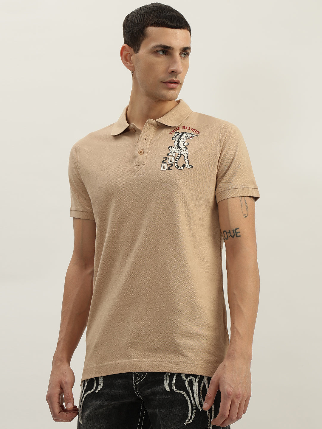 True Religion Men Beige Solid Polo Collar Short Sleeves Polo T-Shirt