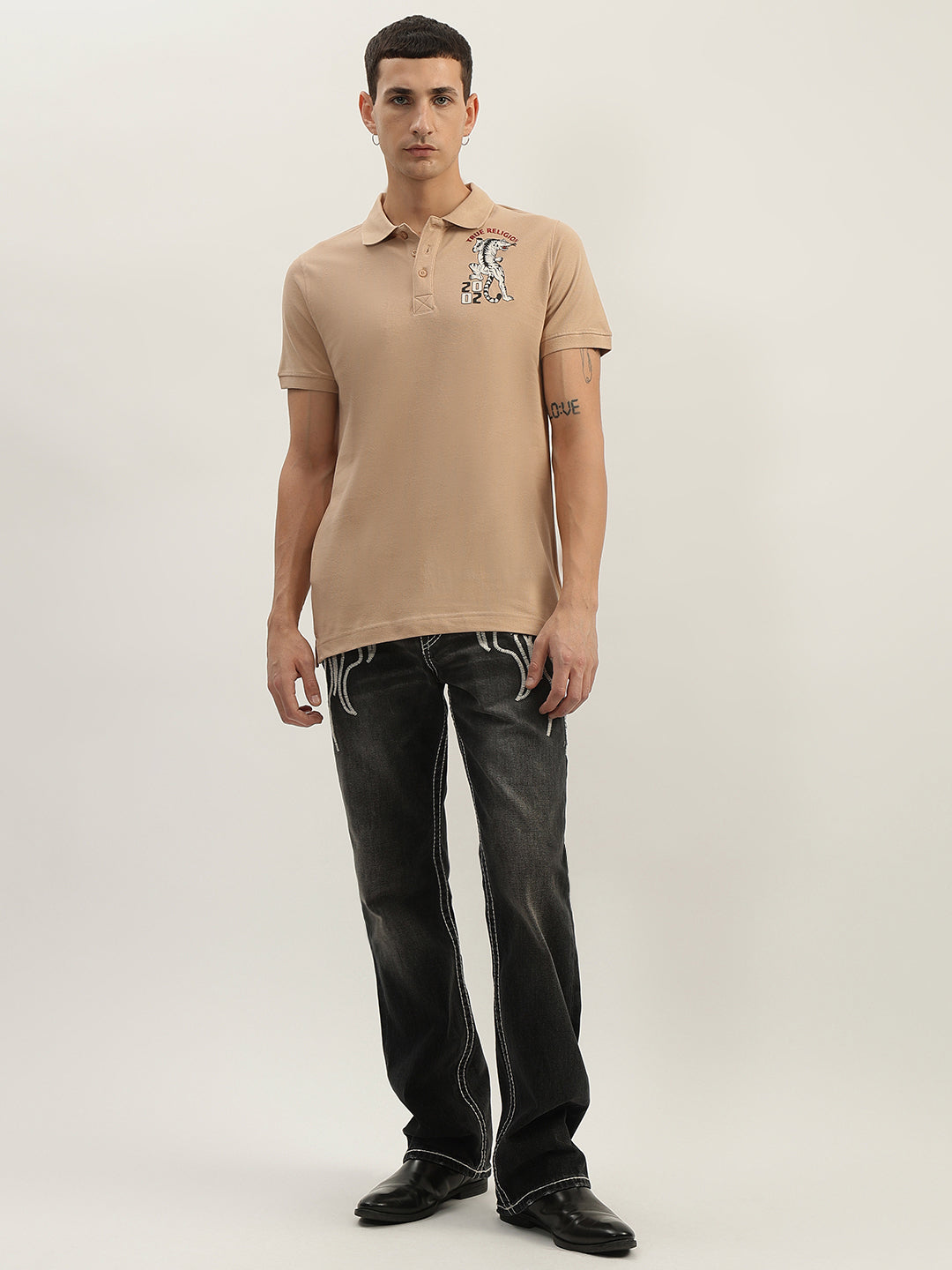 True Religion Men Beige Solid Polo Collar Short Sleeves Polo T-Shirt