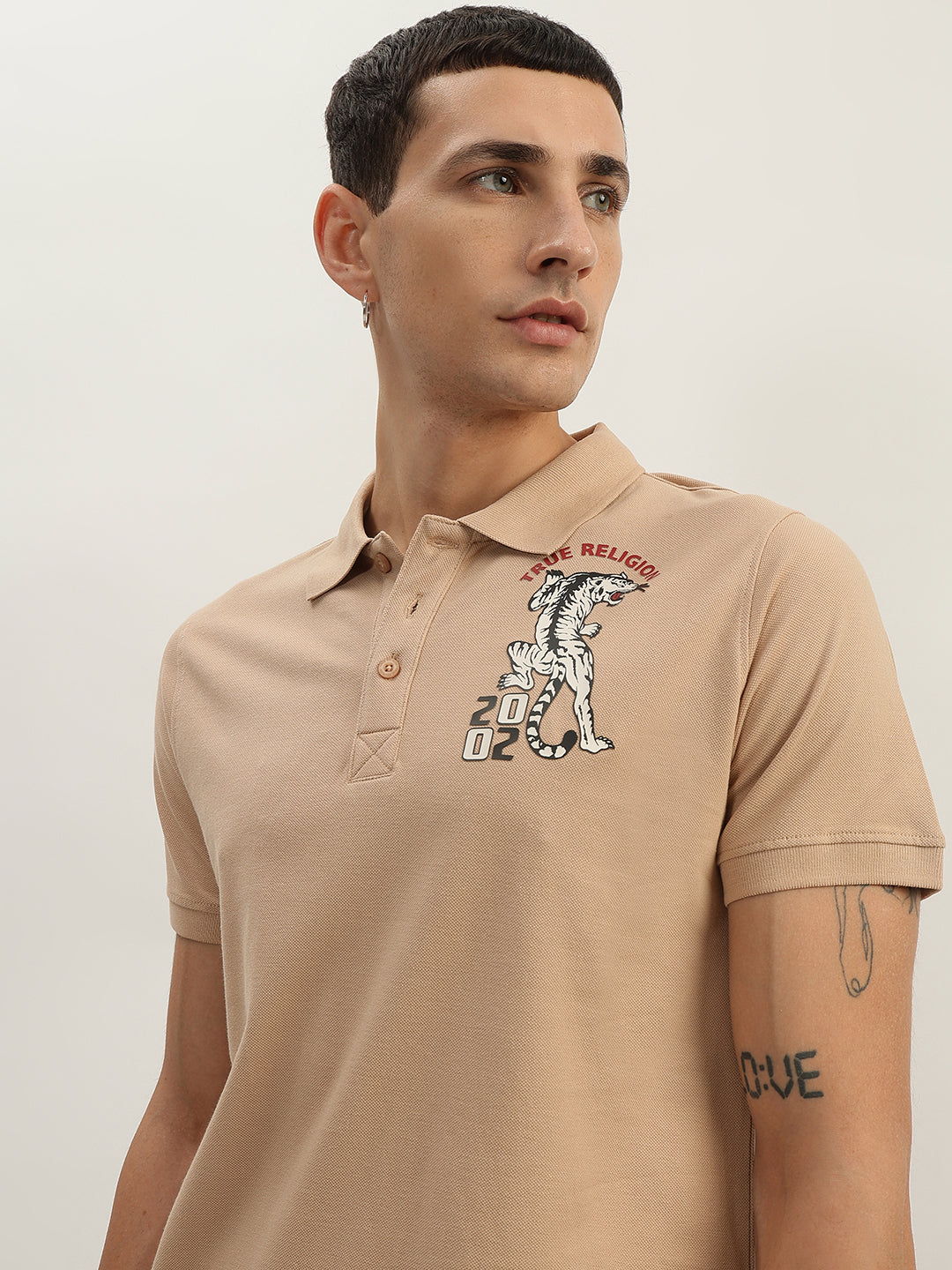 True Religion Men Beige Solid Polo Collar Short Sleeves Polo T-Shirt