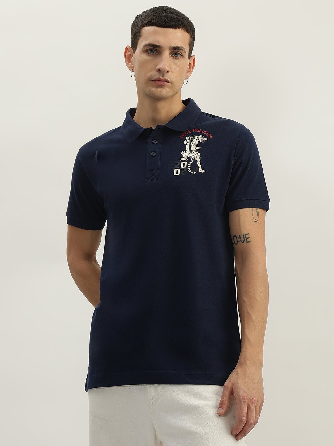 True Religion Men Navy Blue Solid Polo Collar Short Sleeves Polo T-Shirt