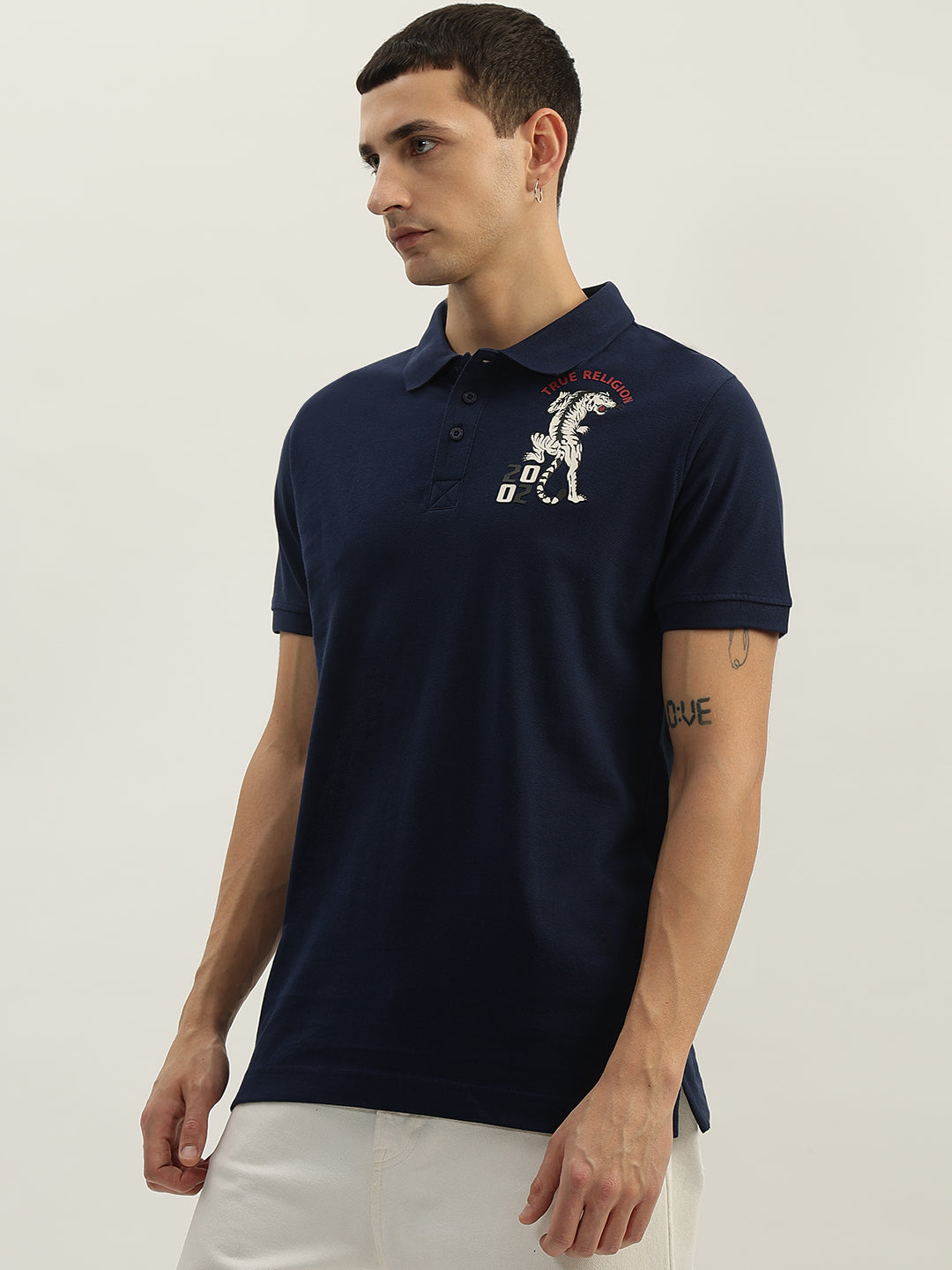 True Religion Men Navy Blue Solid Polo Collar Short Sleeves Polo T-Shirt