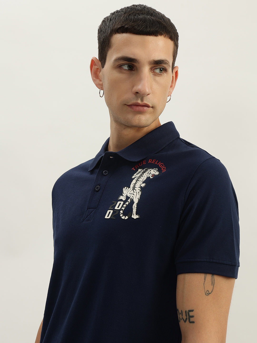 True Religion Men Navy Blue Solid Polo Collar Short Sleeves Polo T-Shirt