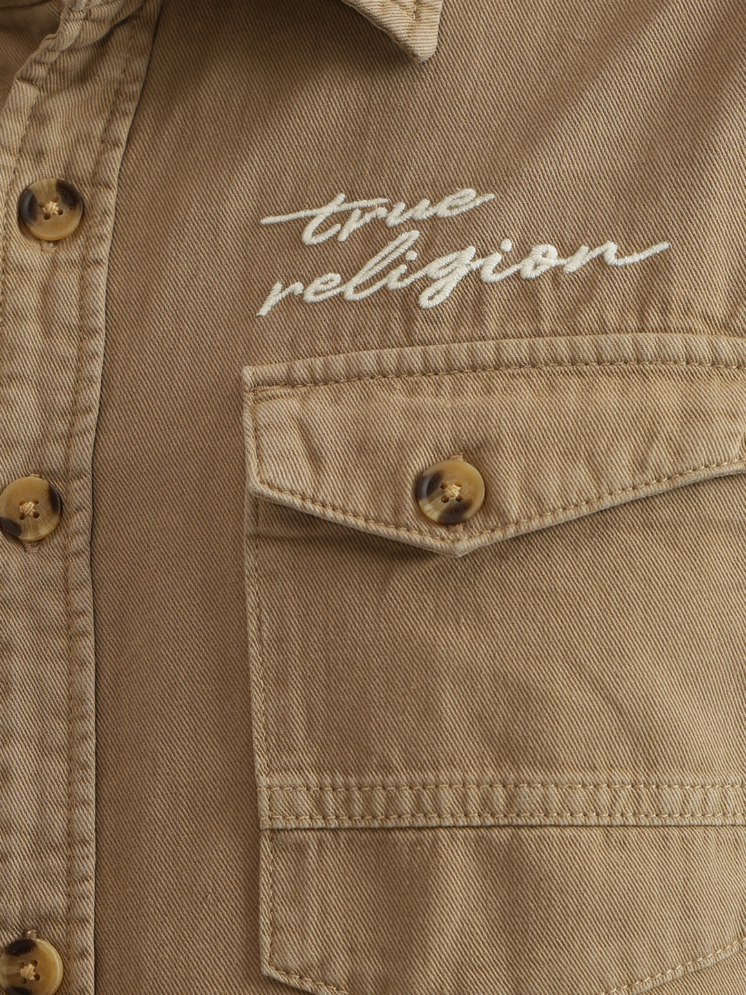 True Religion Men Beige Embroidered Spread Collar Full Sleeves Shirt