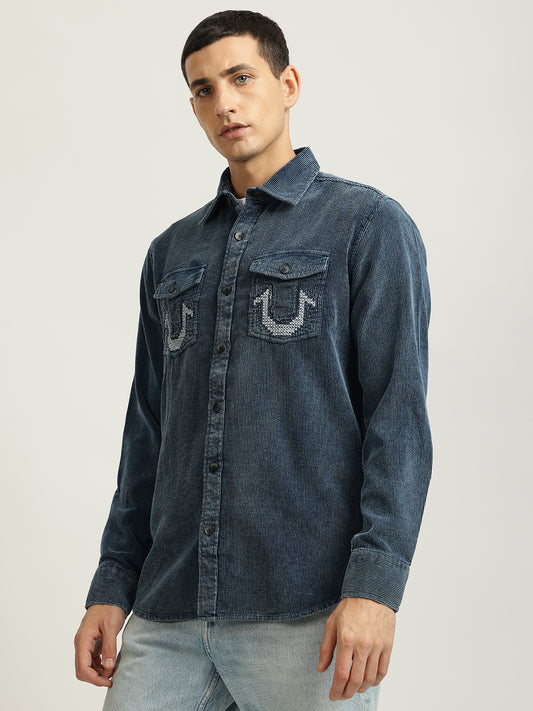 True Religion Men Blue Solid Spread Collar Full Sleeves Shirt