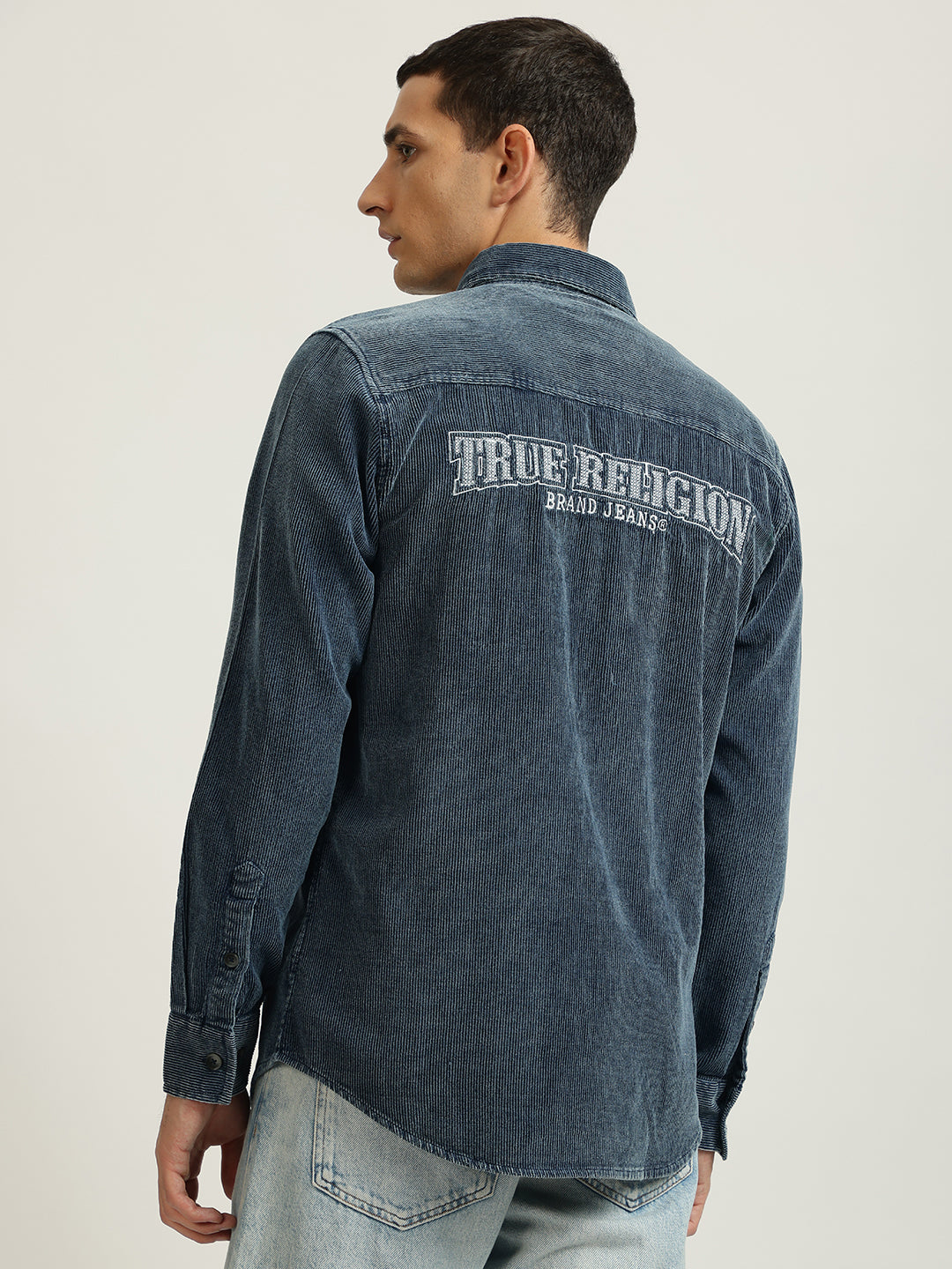 True Religion Men Blue Solid Spread Collar Full Sleeves Shirt