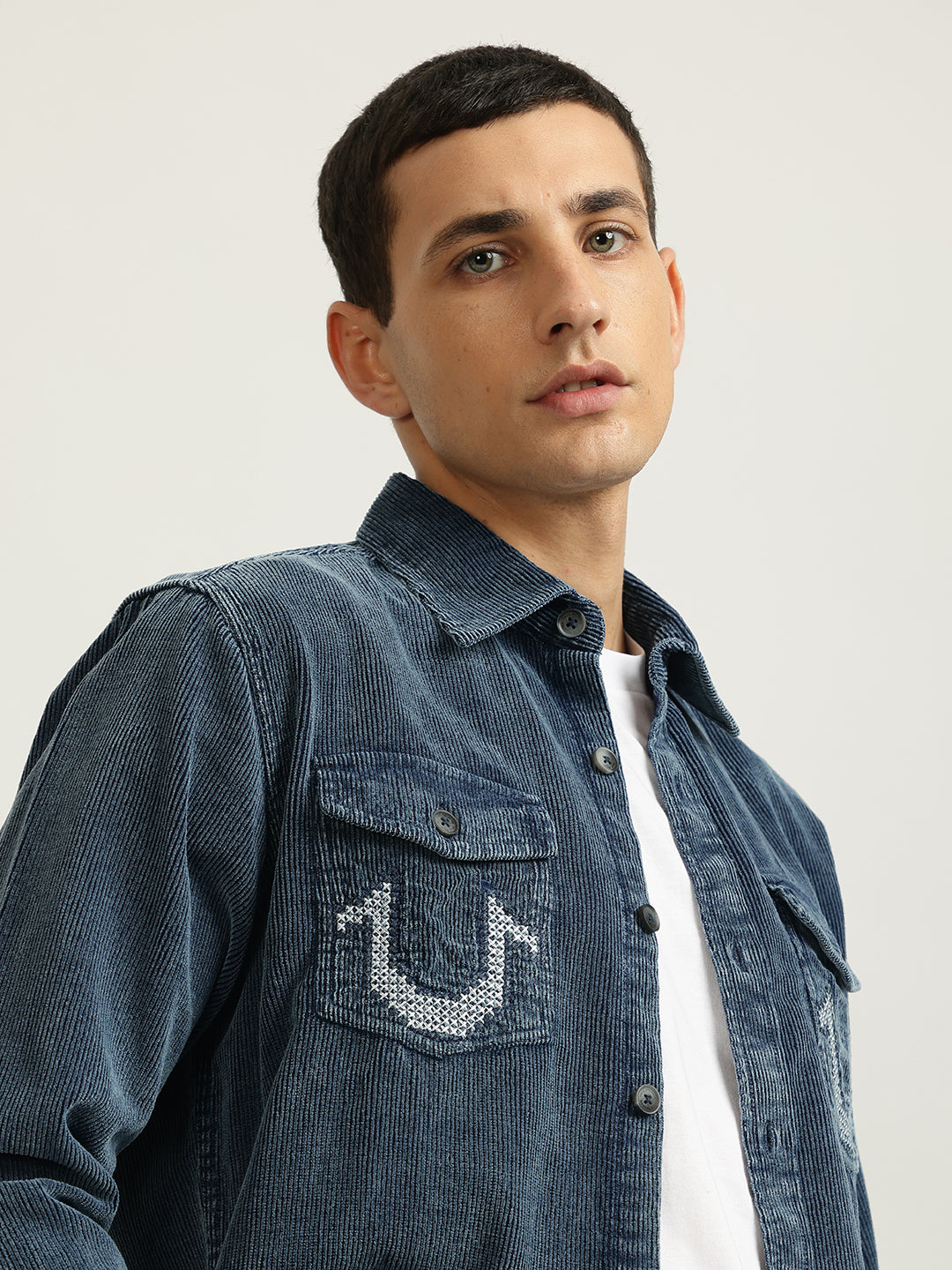 True Religion Men Blue Solid Spread Collar Full Sleeves Shirt