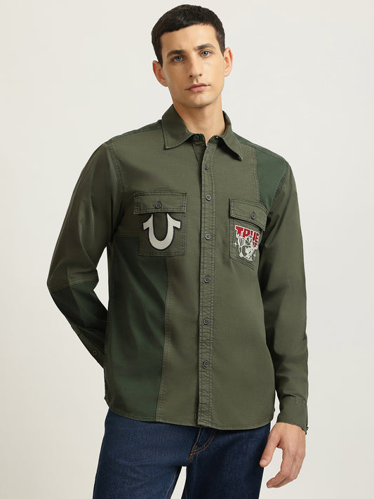 True Religion Men Green Embroidered Spread Collar Full Sleeves Shirt