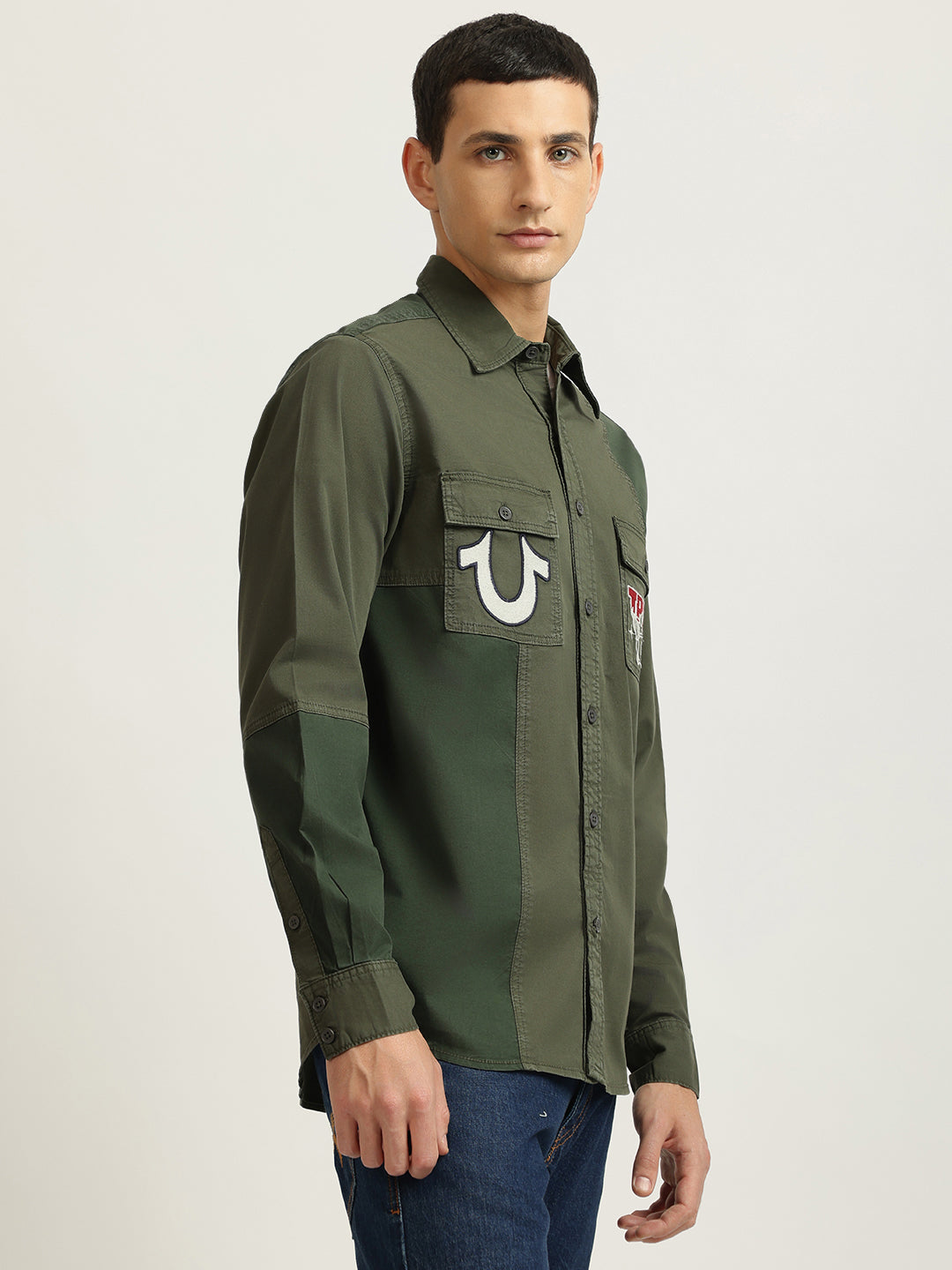 True Religion Men Green Embroidered Spread Collar Full Sleeves Shirt