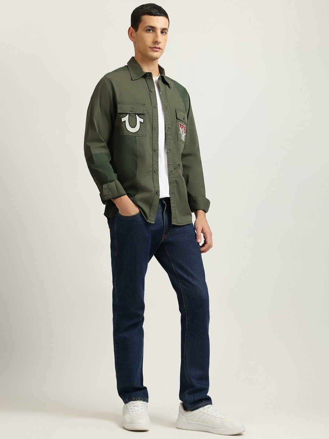 True Religion Men Green Embroidered Spread Collar Full Sleeves Shirt