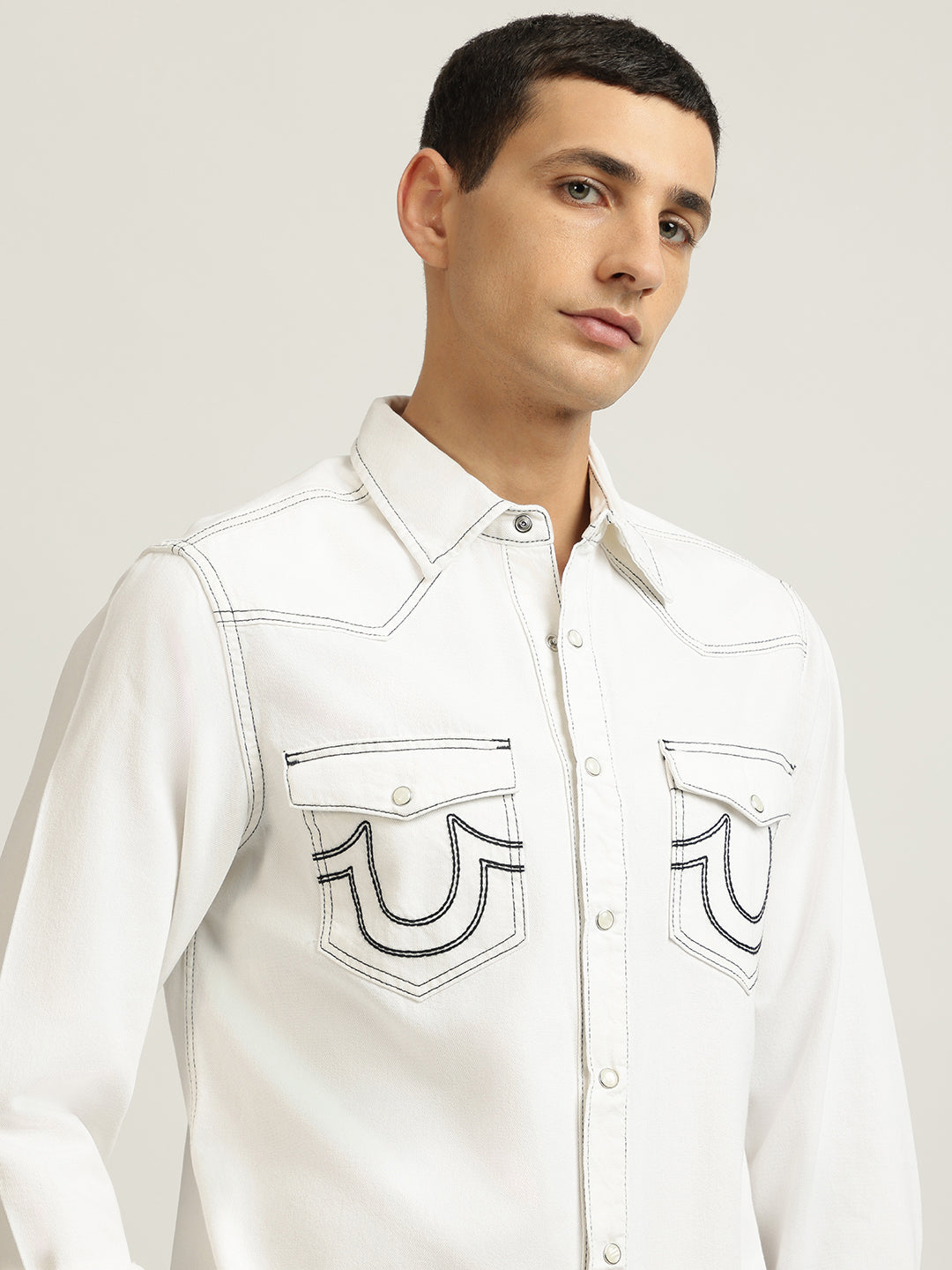 True Religion Men White Solid Spread Collar Full Sleeves Shirt