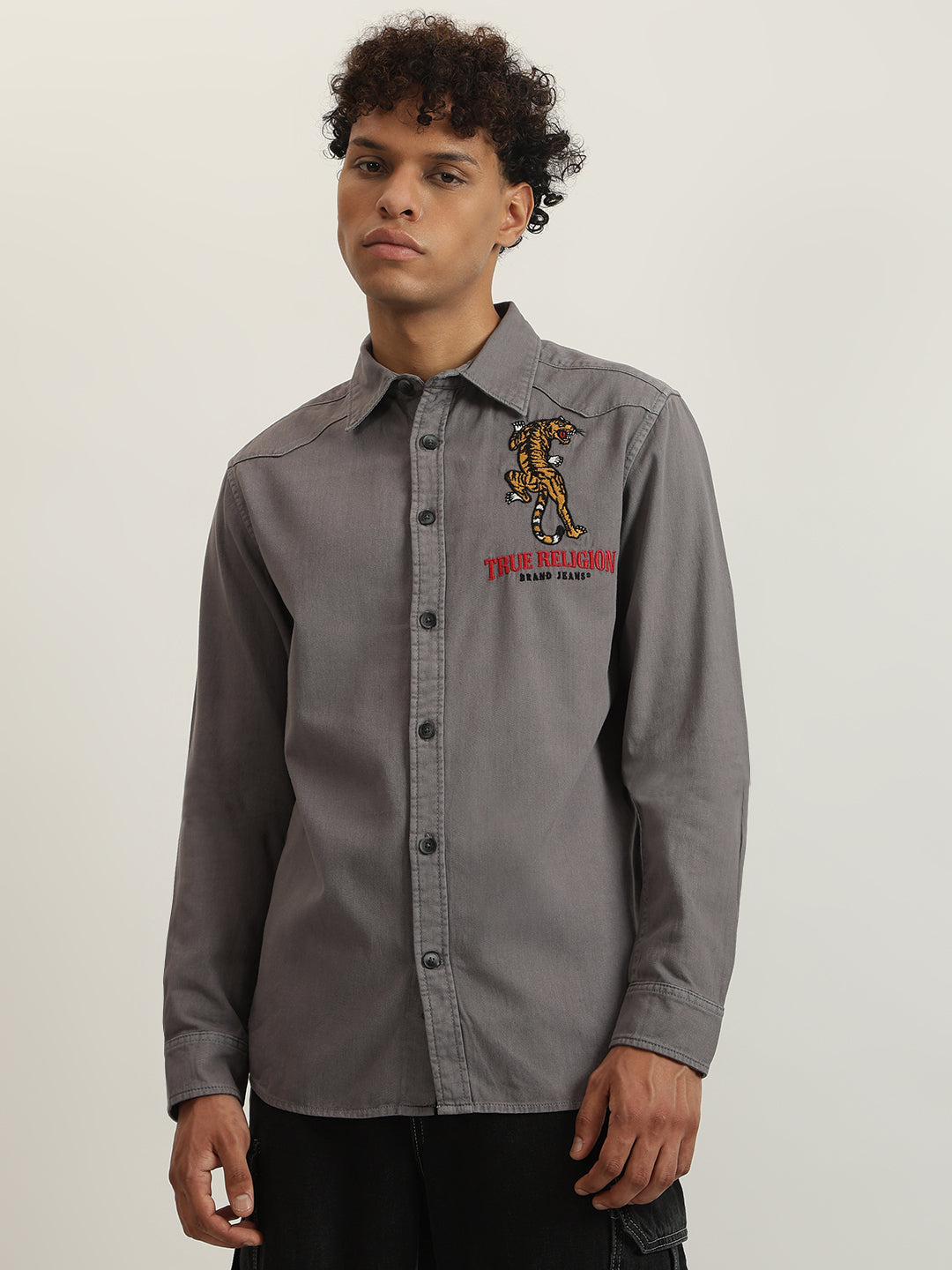 True Religion Men Grey Embroidered Spread Collar Full Sleeves Shirt