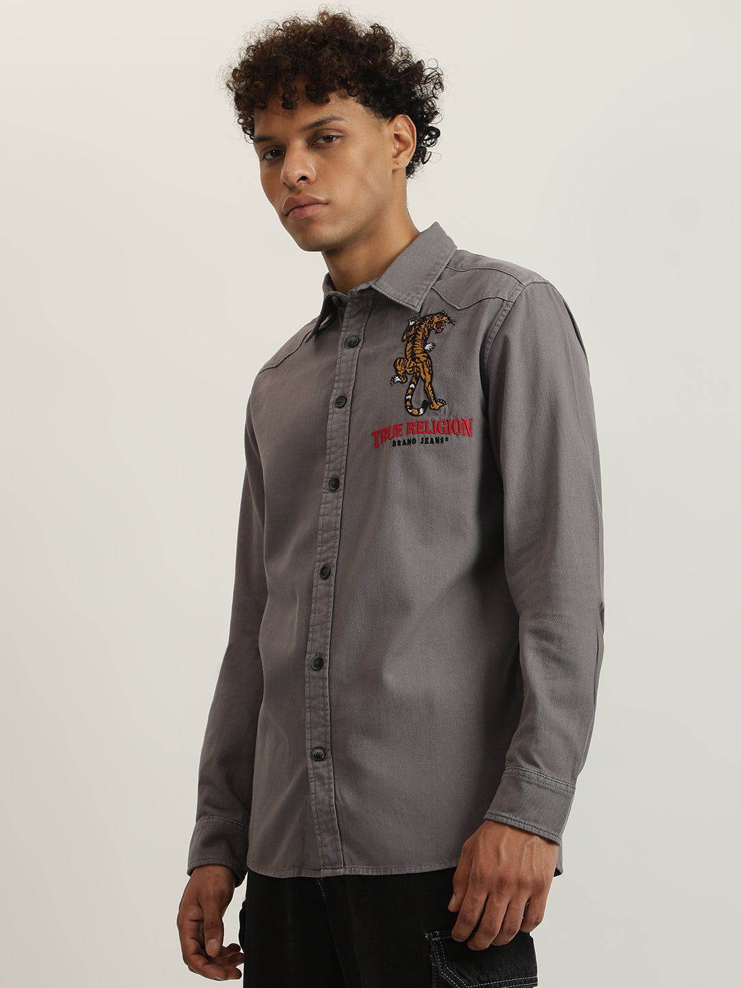 True Religion Men Grey Embroidered Spread Collar Full Sleeves Shirt