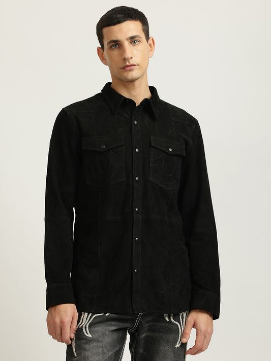 True Religion Men Black Solid Spread Collar Full Sleeves Shirt