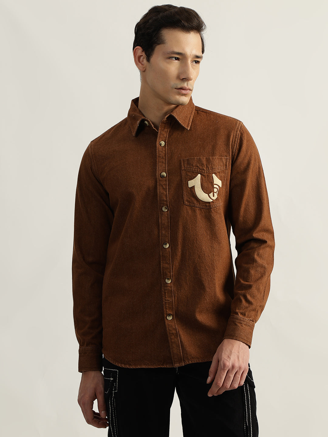 True Religion Men Brown Solid Spread Collar Full Sleeves Shirt