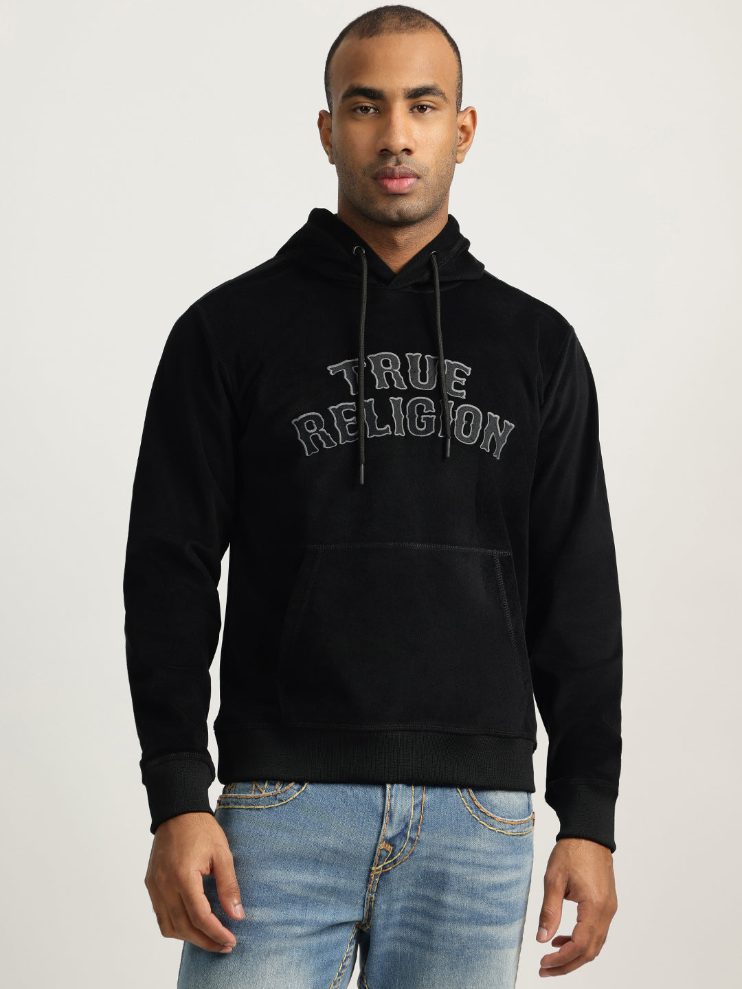 True Religion Men Black Embroidered Hooded Full Sleeves Sweatshirt