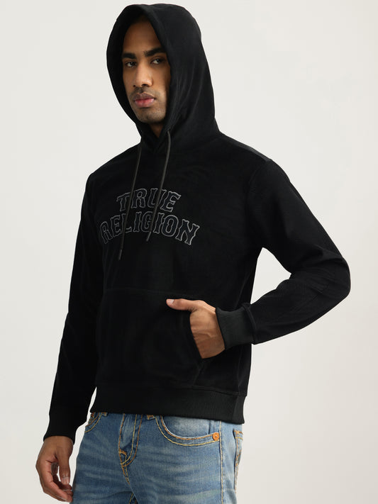 True Religion Men Black Embroidered Hooded Full Sleeves Sweatshirt