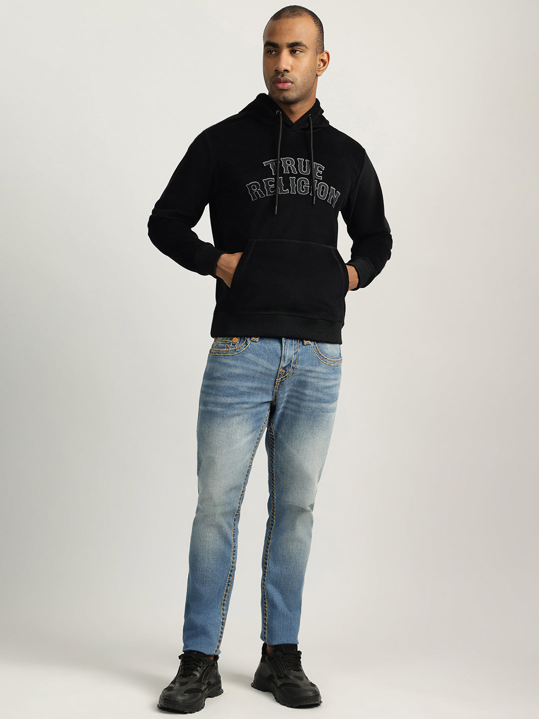 True Religion Men Black Embroidered Hooded Full Sleeves Sweatshirt