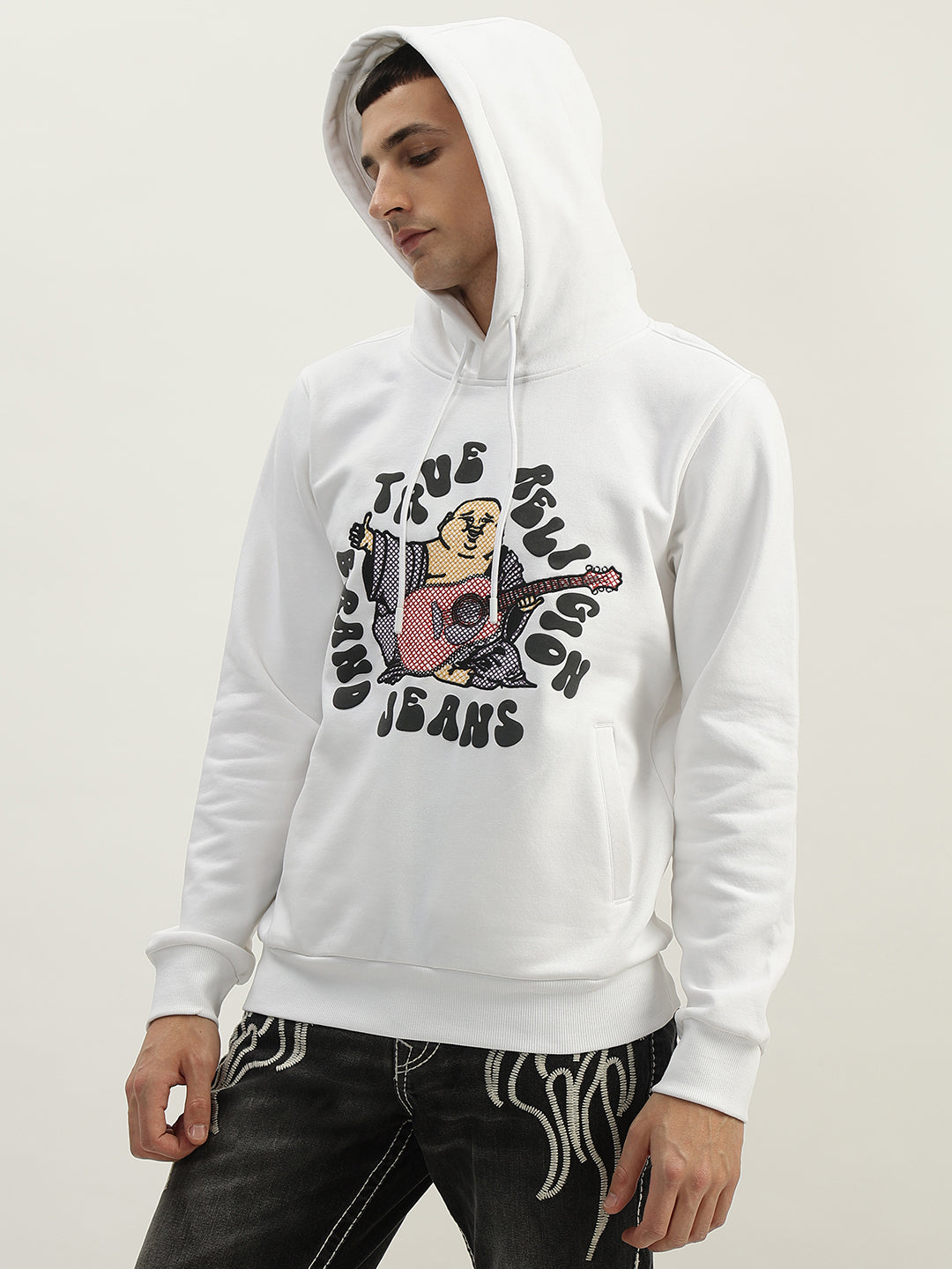 True Religion Men White Printed Hooded Full Sleeves Sweatshirt