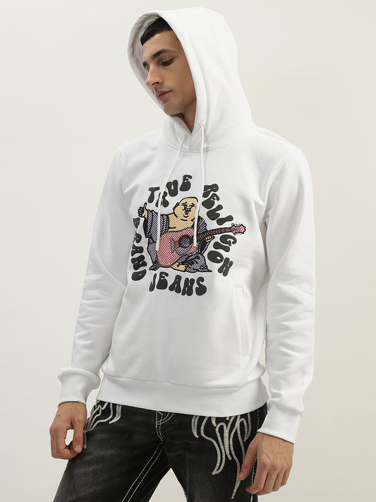 True Religion Men White Printed Hooded Full Sleeves Sweatshirt