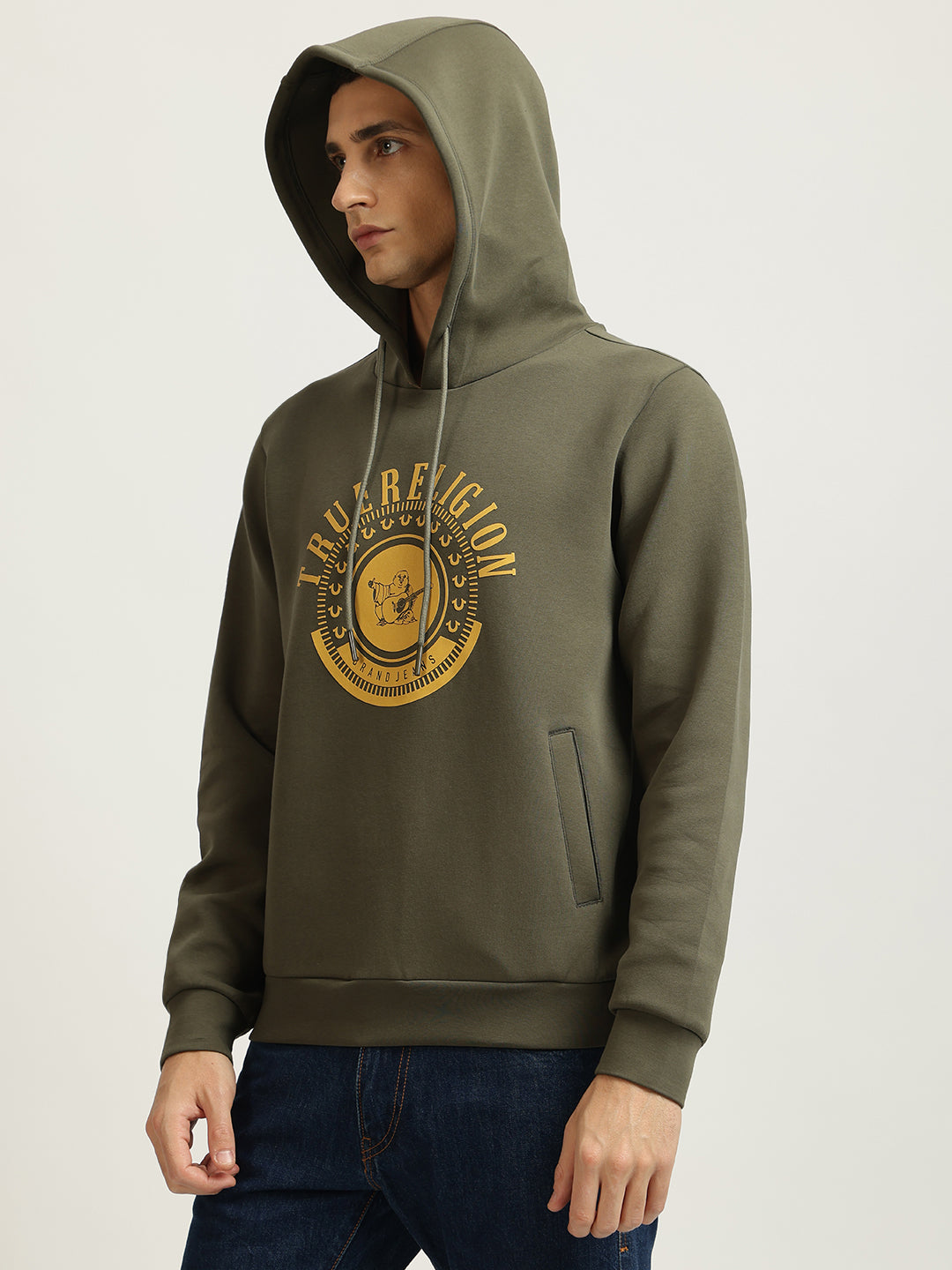 True Religion Men Green Printed Hooded Full Sleeves Pullover Style Sweatshirt