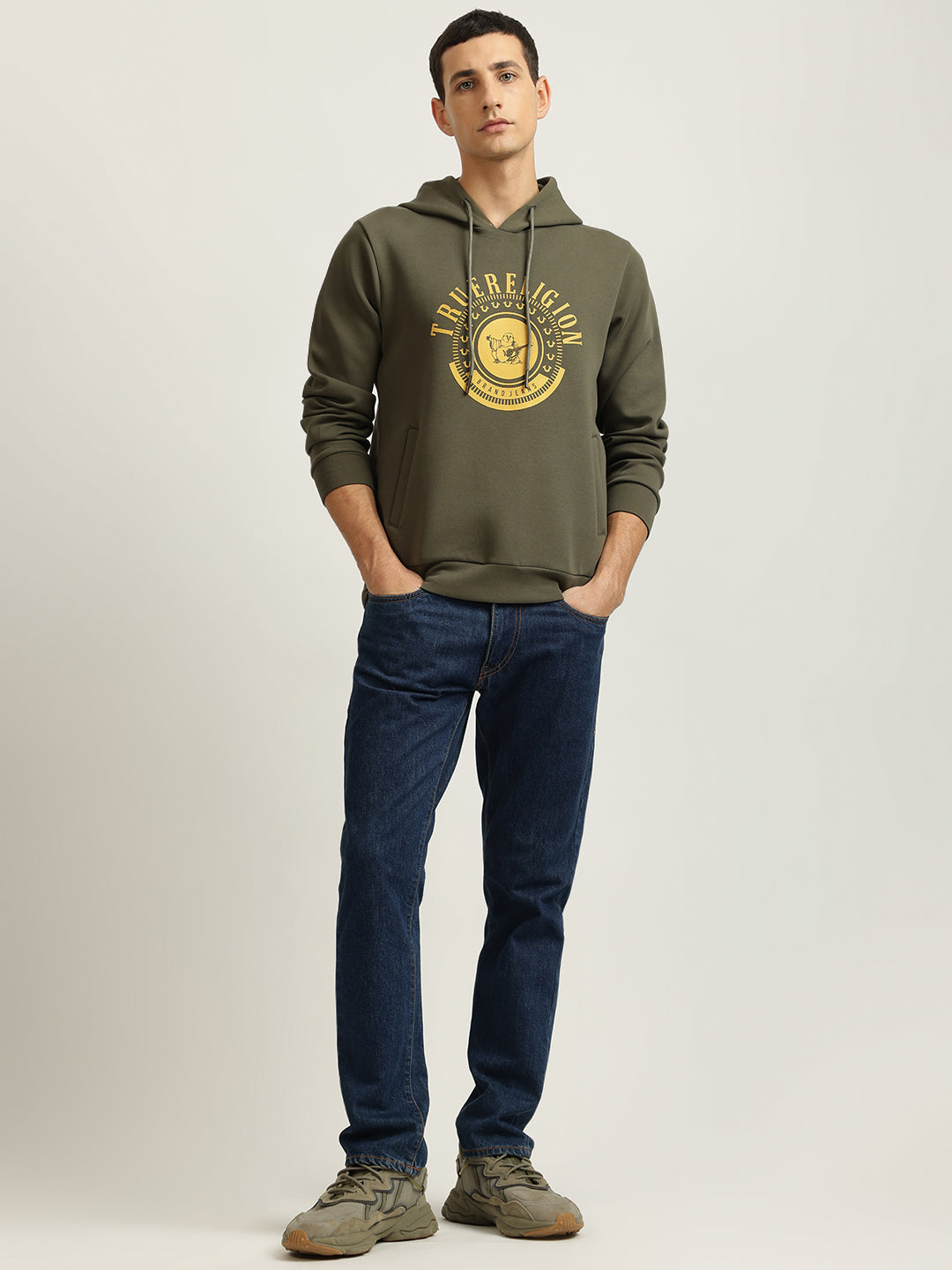 True Religion Men Green Printed Hooded Full Sleeves Pullover Style Sweatshirt