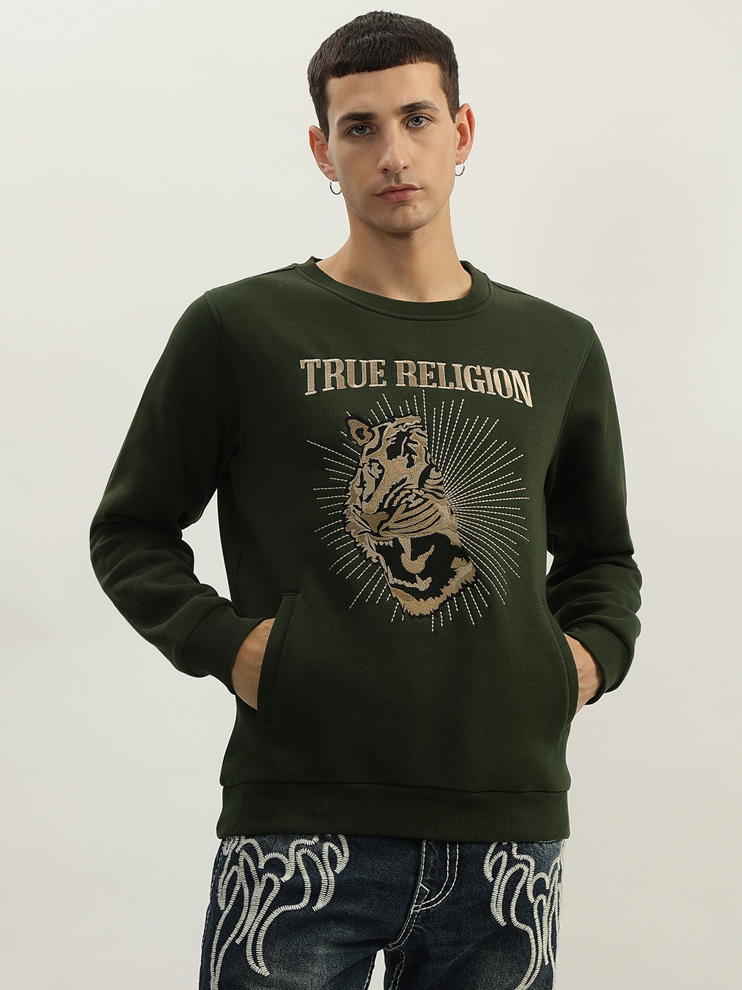 True Religion Men Green Embroidered Round Neck Full Sleeves Sweatshirt