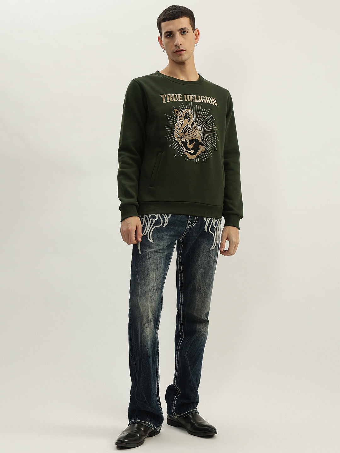 True Religion Men Green Embroidered Round Neck Full Sleeves Sweatshirt