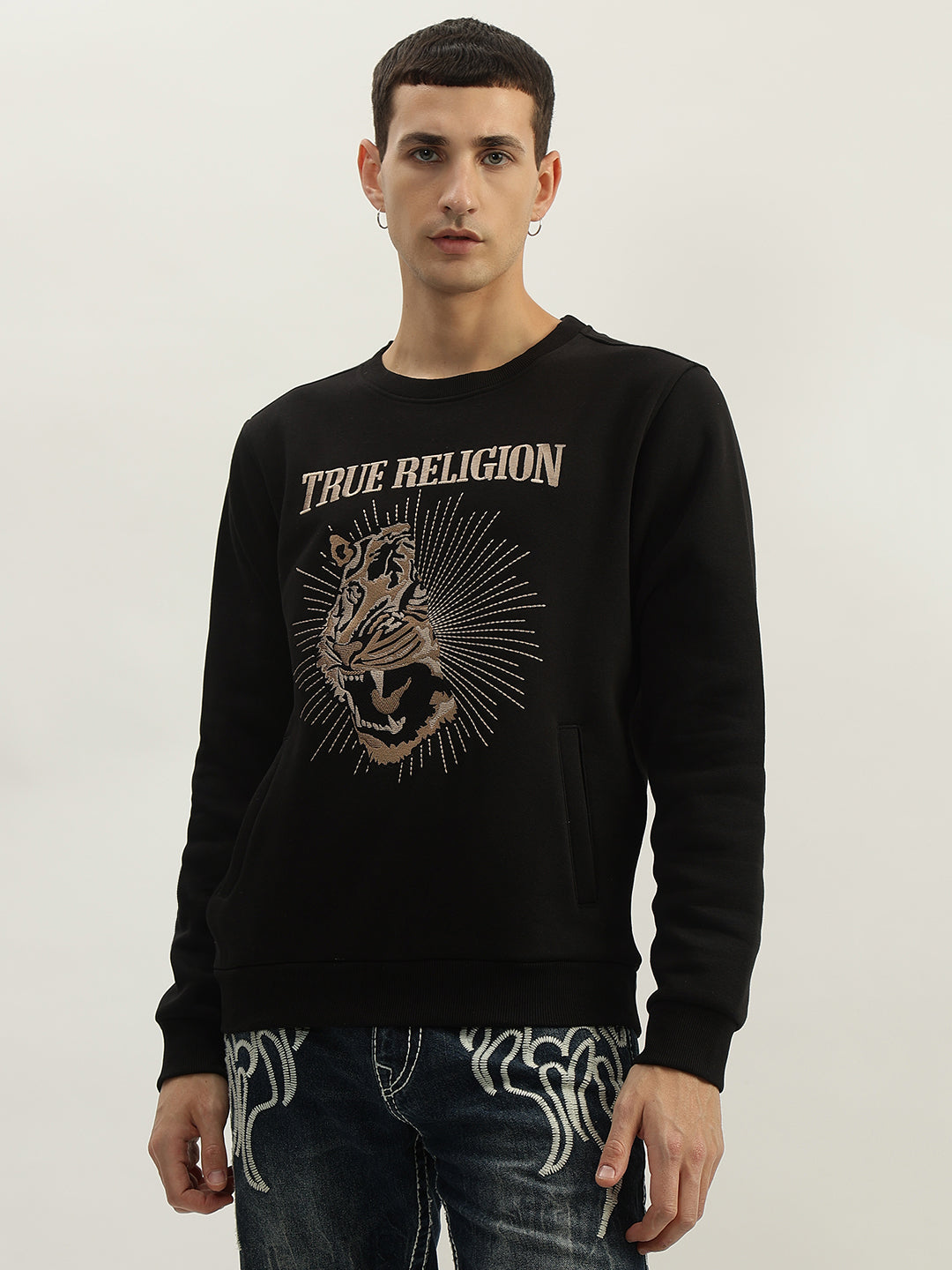 True Religion Men Black Embroidered Round Neck Full Sleeves Sweatshirt