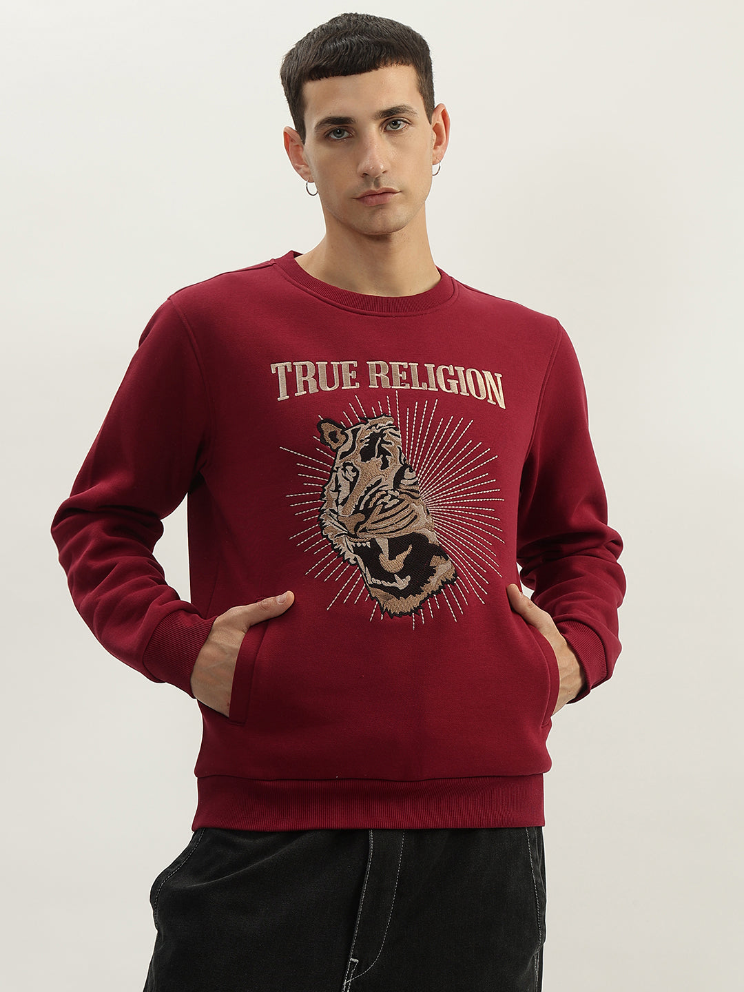 True Religion Men Red Embroidered Round Neck Full Sleeves Sweatshirt