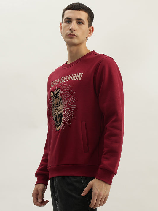 True Religion Men Red Embroidered Round Neck Full Sleeves Sweatshirt