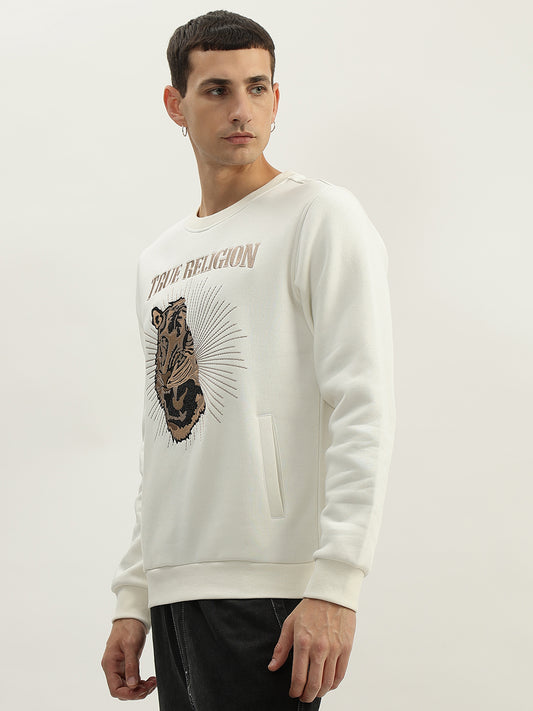 True Religion Men White Embroidered Round Neck Full Sleeves Sweatshirt