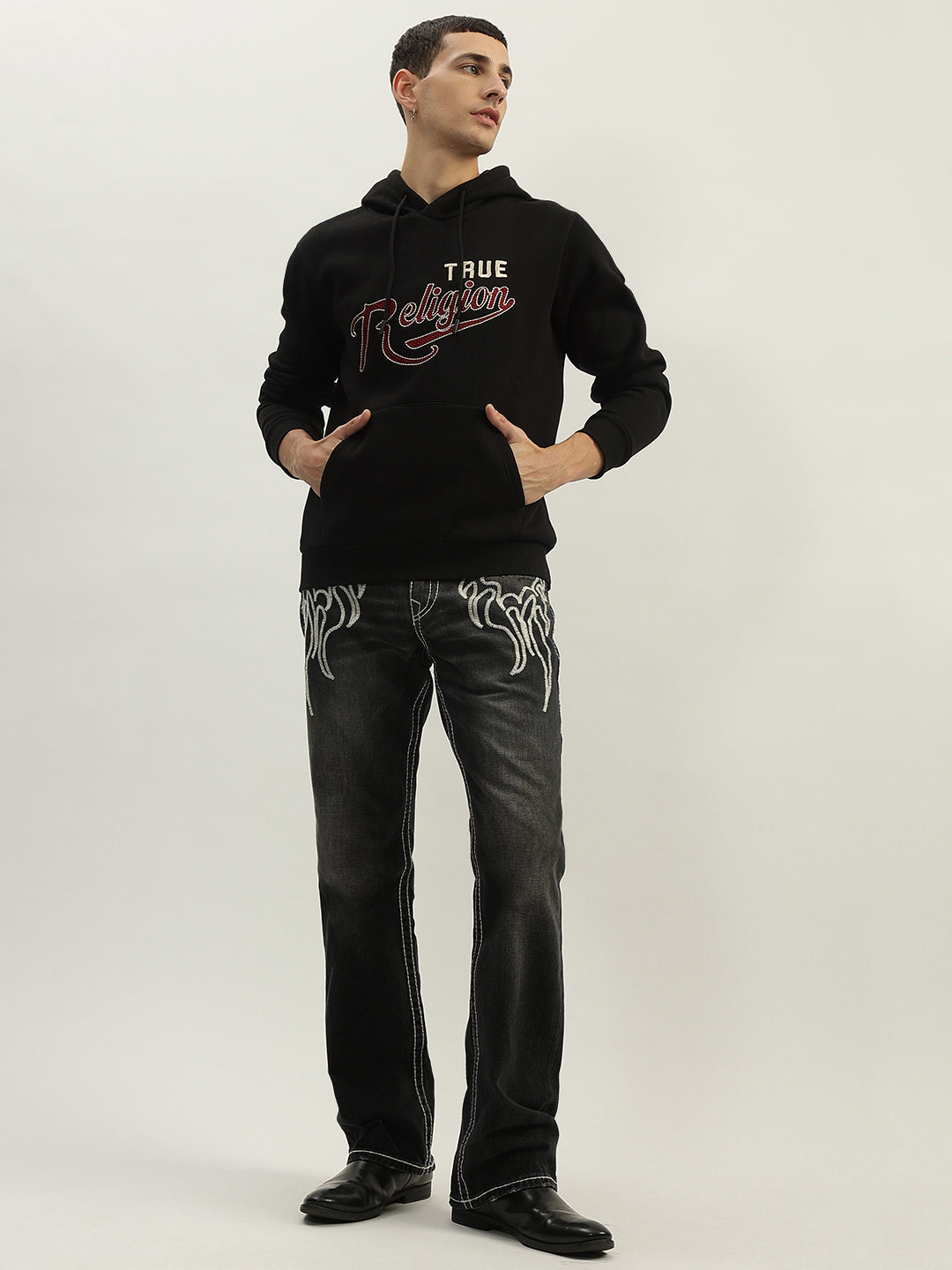 True Religion Men Black Embroidered Hooded Full Sleeves Sweatshirt